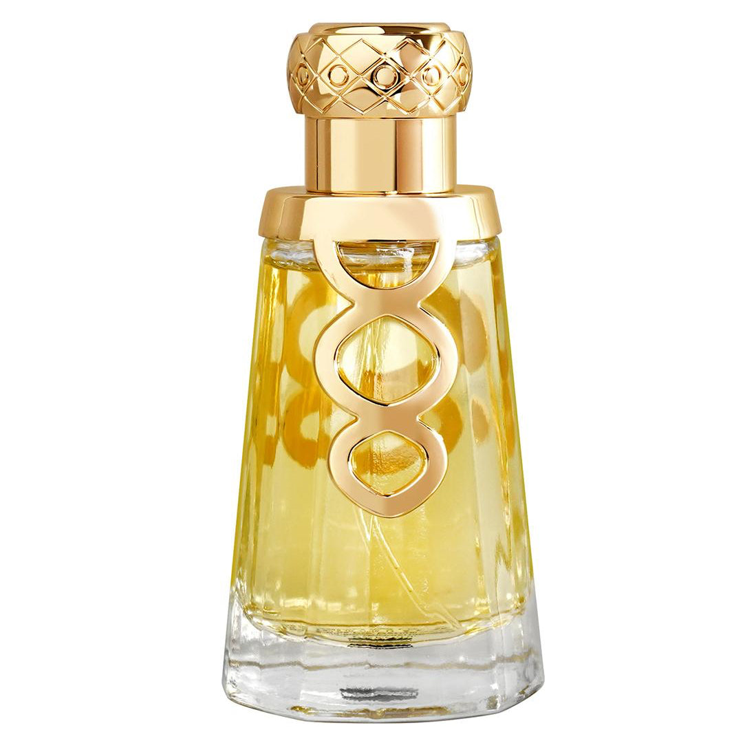 A luxury perfume bottle with a clear glass body filled with golden-yellow liquid, featuring a prominent gold '8' emblem on the front, a gold neck collar, and a textured gold cap, set against a plain white background.