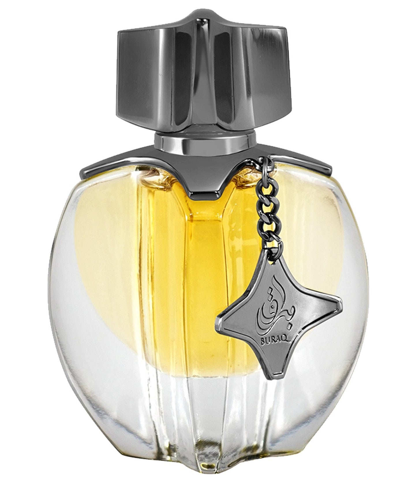 A bottle of Buraq attar with a clear faceted glass body showing yellow liquid inside, a metallic silver cap, and a silver star-shaped hanging charm engraved with the brand name.