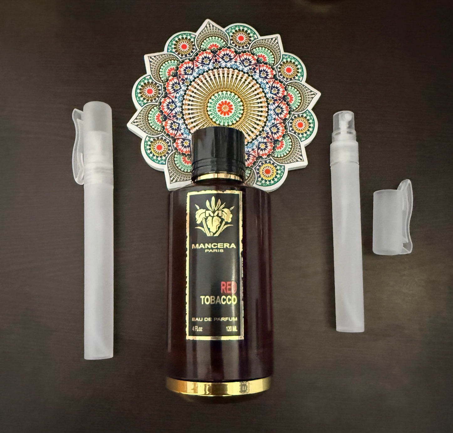 Decorative bottle with intricate design on a dark background