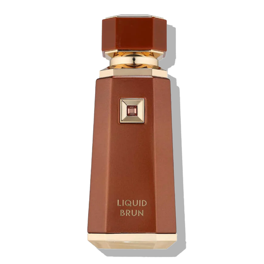 Brown perfume bottle with gold accents on a white background