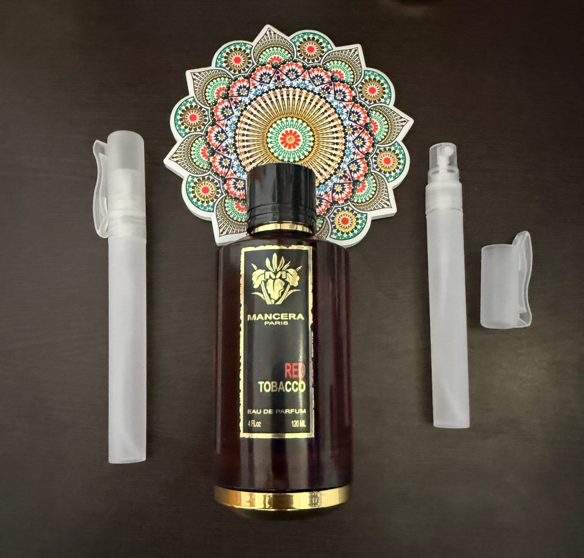 Decorative bottle with intricate design on a dark background
